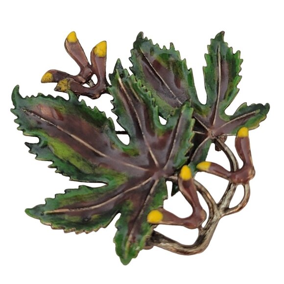 Vintage Green Brown Enamel Sycamore Maple Leaf, Seed Brooch Pin E639 - Picture 4 of 6
